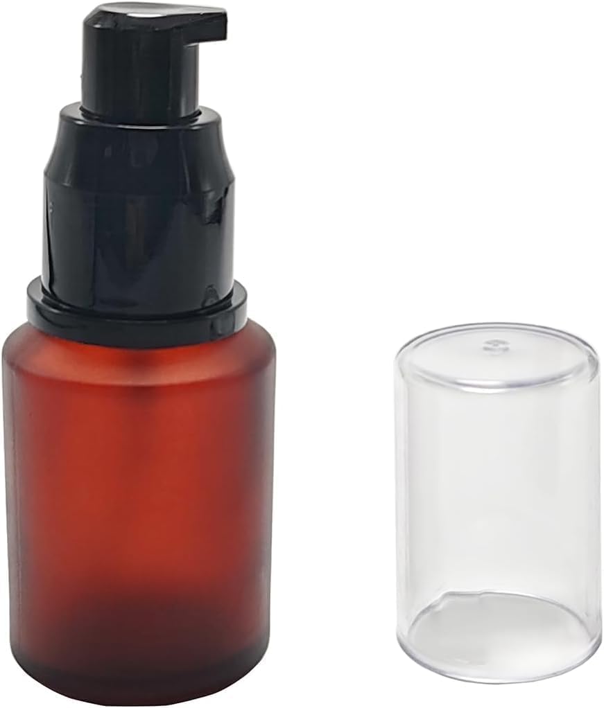 Brown 30ml Frosted Glass Pump Bottles, Empty Refillable Cream Lotion Bottles, Toiletries Liquid Container, Travel Sample Bottles with Cap for Cosmetic Makeup