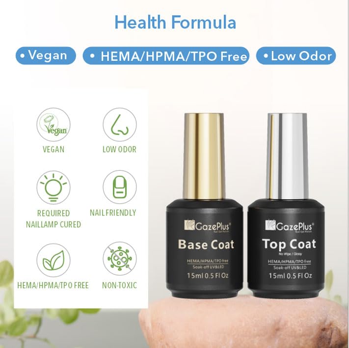 Gel Top & Base Coat Set, 2 Pcs 15ml No Wipe HEMA-Free Nail Polish Kit, Shiny Long Lasting Soak Off Gel for Nail Art, Manicure Gifts for Women & Professional Nail Salons