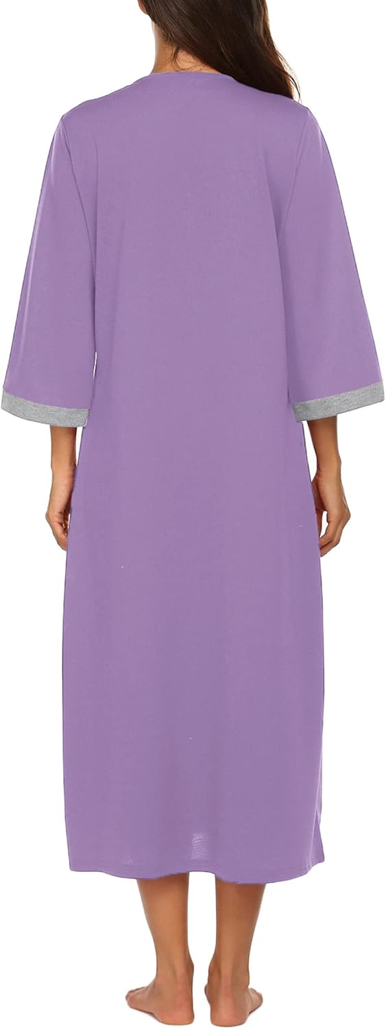 Ekouaer Women Zipper Robe 3/4 Sleeves Loungewear Dress Full Length Sleepwear Pockets Housecoat Nightgown Long Bathrobe