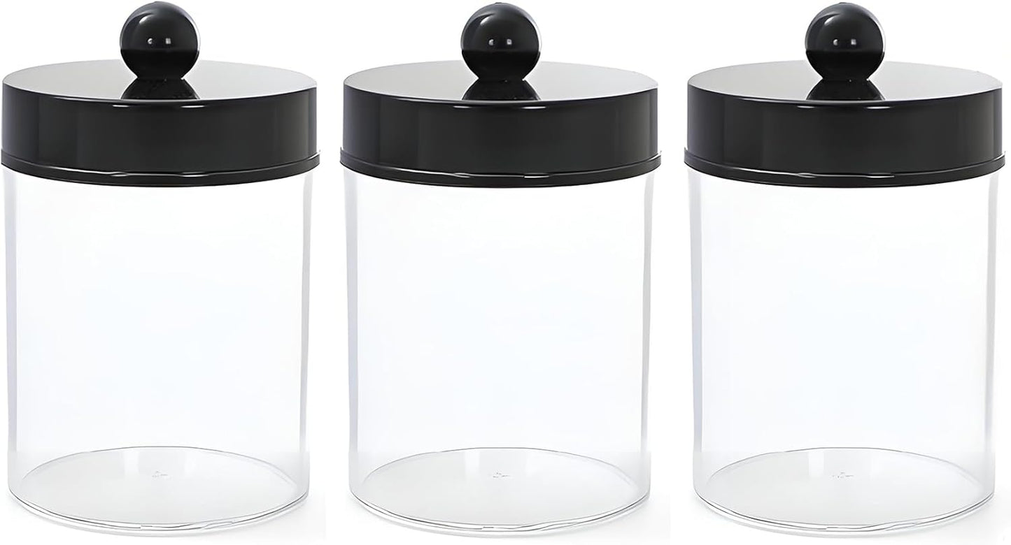 AXX Qtip Dispenser Apothecary Jars Bathroom - Qtip Holder Storage Canister Clear Plastic Jar for Cotton Swab,Q-Tips,Cotton Rounds (F#Black 3Pcs)