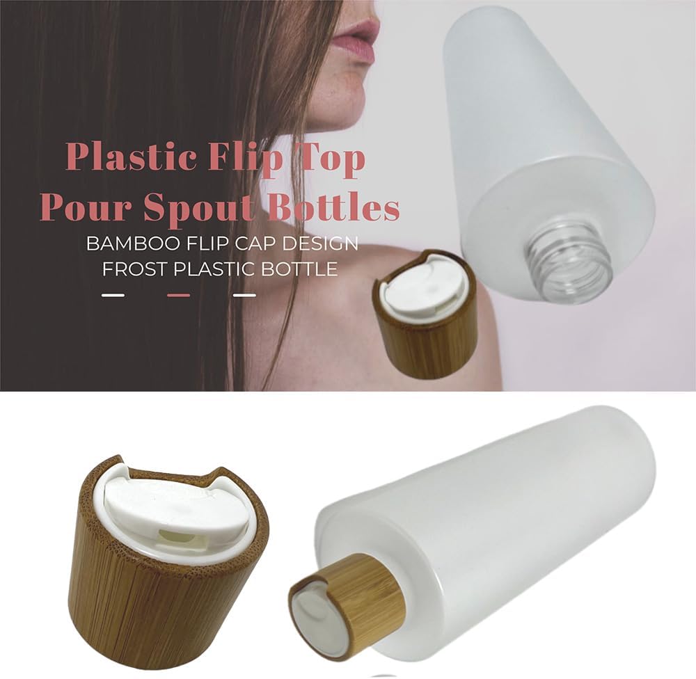 Empty Cosmetic Bottles 16oz/500ml 2 PACK With Bamboo Disc Top Flip Cap for Shampoo Lotion Liquid Soap,Cream,Refilable Plastic Squeeze Travel Size Toiletry Bottles