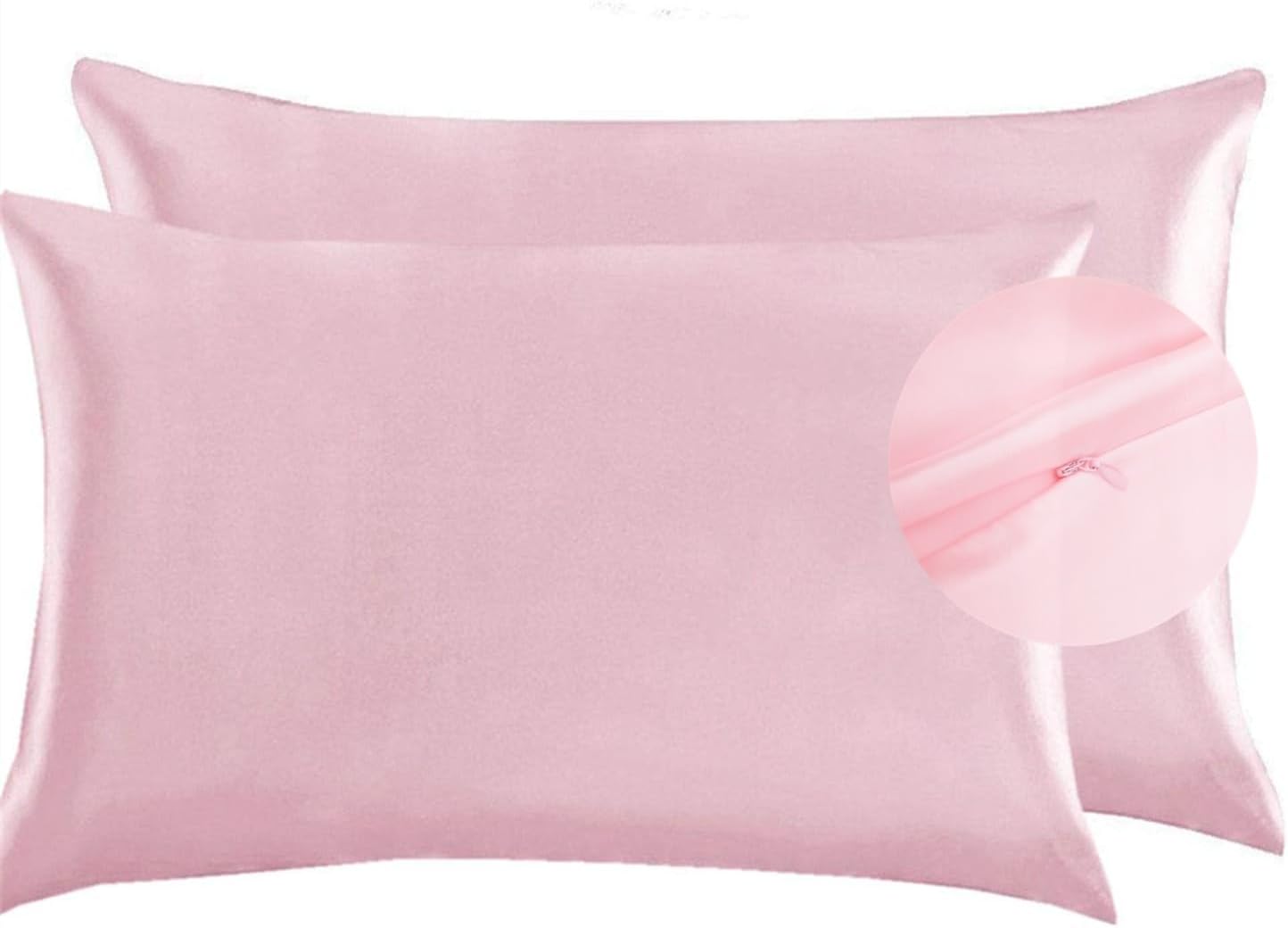 JUWENIN,Luxury Satin Pillowcase with Zipper (Silky Satin Pillow Case for Hair) Set of 2 (King, Pink)