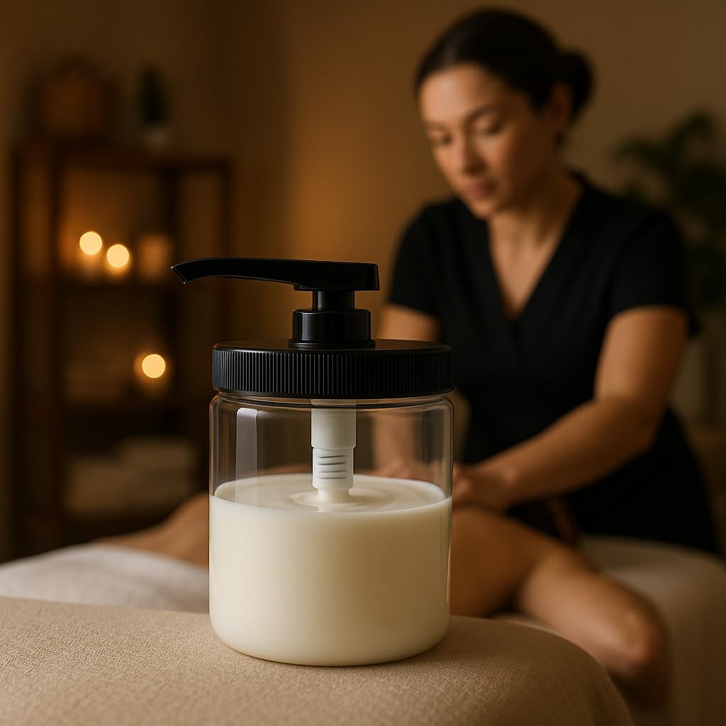 Royal Massage 16oz Refillable Pump Jar with Locking Dip Tube Dispenser – BPA-Free Plastic Container for Massage Oils, Lotions, Creams – Ribbed Lid Wide-Mouth Jar – Durable & Reusable (2, Amber/White)