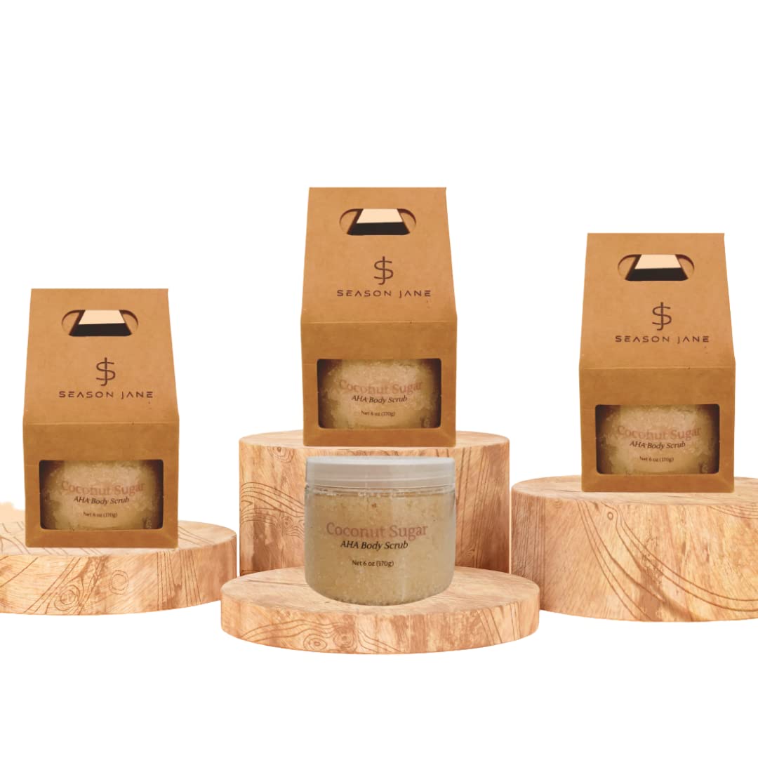 Organic Coconut Sugar AHA Body Scrub 6oz. For Collagen, Acne Prone, and Sensitive Skin. Made in USA. Vegan, Gluten/Phthalates/Parabens Free