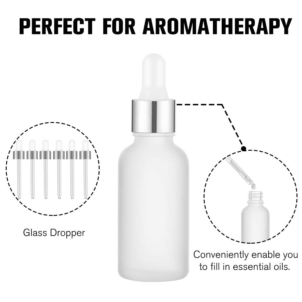 PrettyCare Glass Dropper Bottles Set of 99, 1oz (30ml) Frosted Empty Thick Bottles Bulk with Leakproof Silver Caps - With Labels & Funnels for for Storage, Travel,Essential Oils, DIY Serums