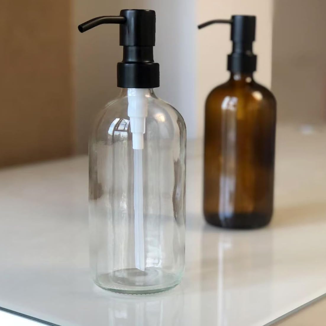 16oz Empty Stainless Steel Pump Bottles Dispenser 2 Pack Clear Refillable Pump Bottle for Shampoo, Liquid Soap, Massage Oil