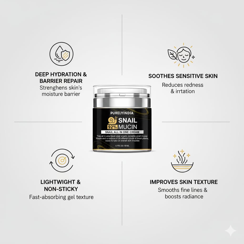 “92% Snail Secretion Filtrate Snail Mucin Cream-Serum Hybrid – Deep Repair & Hydration – Lightweight Snail Mucin Cream / Serum for Sensitive, Dry & Oily Skin – Cruelty-Free, Fragrance-Free – 50 ml”