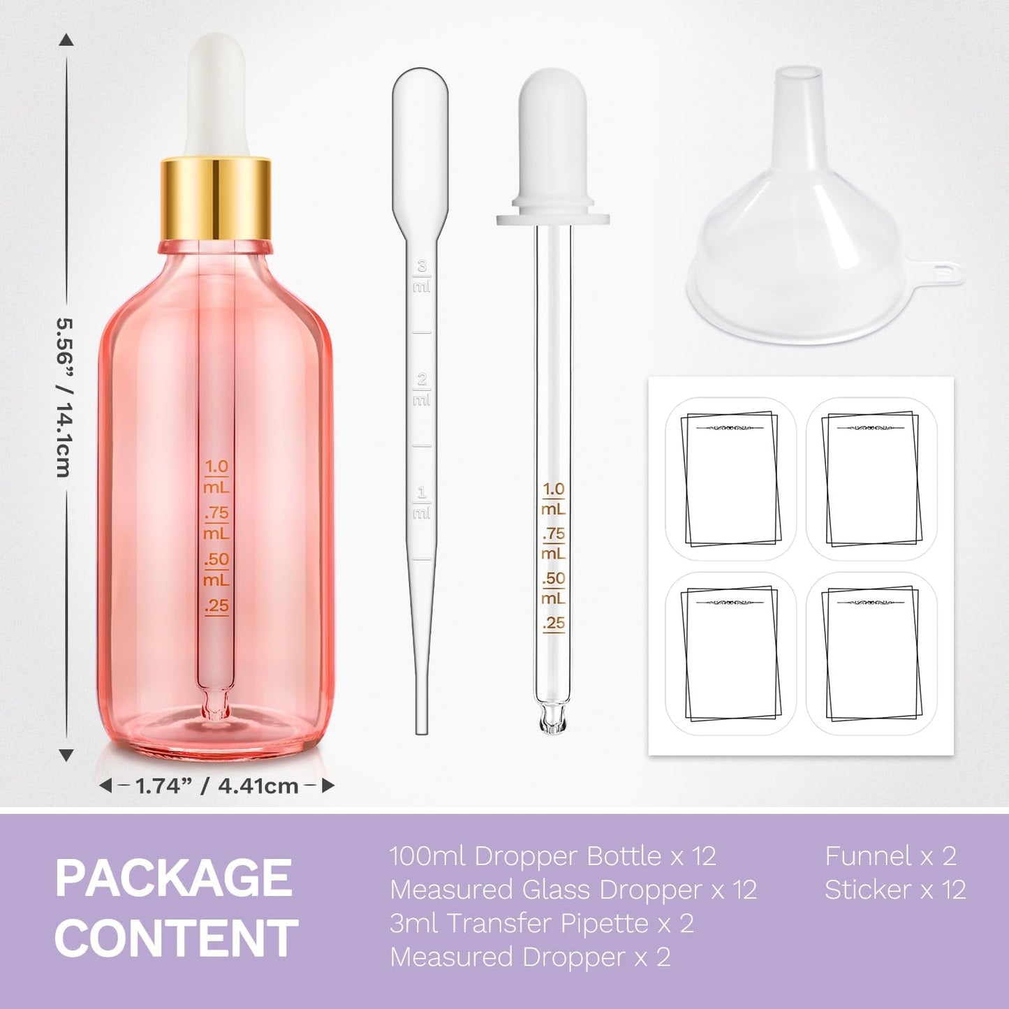 Bumobum 2 Pack, 100ml Pink Glass Dropper Bottle- 3.4 oz Glass Tincture Bottles with 1 Funnel & 1 Pipette & 4 Labels, Leakproof Eye Dropper for Oils, Liquids