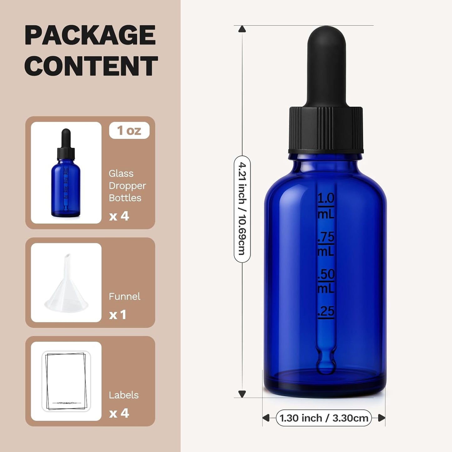 Bumobum Dropper Bottle, 1 oz Blue Glass Dropper Bottle with Measured Dropper, Empty Eye Tincture Bottles with Funnel & Labels for Essential Hair Oils Serums, 4 Pack