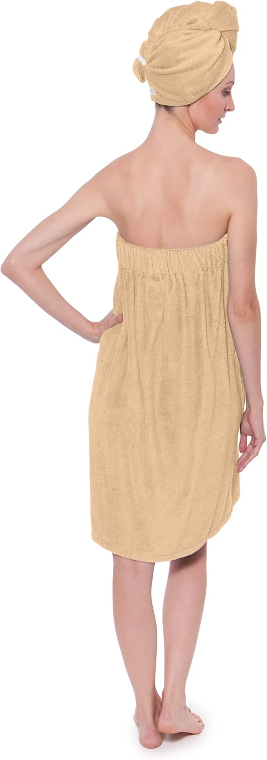 TexereSilk Women's Towel Wrap - Rayon Spa Wrap Set (Large/X-Large, Almond Buff)