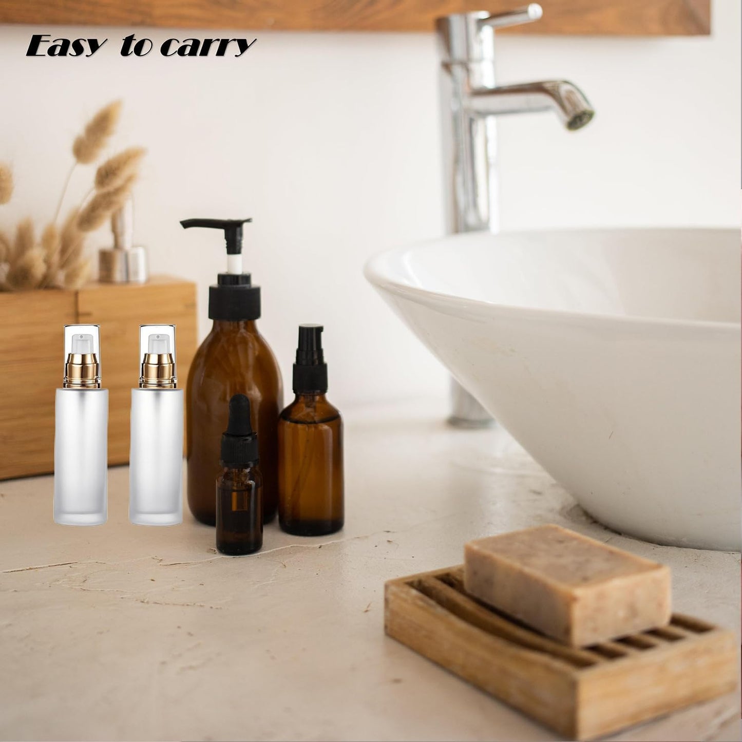 3Pcs Frosted Glass Lotion Pump Bottles Refillable Comestic Bottles Empty Travel Containers 60ml/20z with Pump Dispensers For Makeup Cream Emulsion Lotion Essential Oils