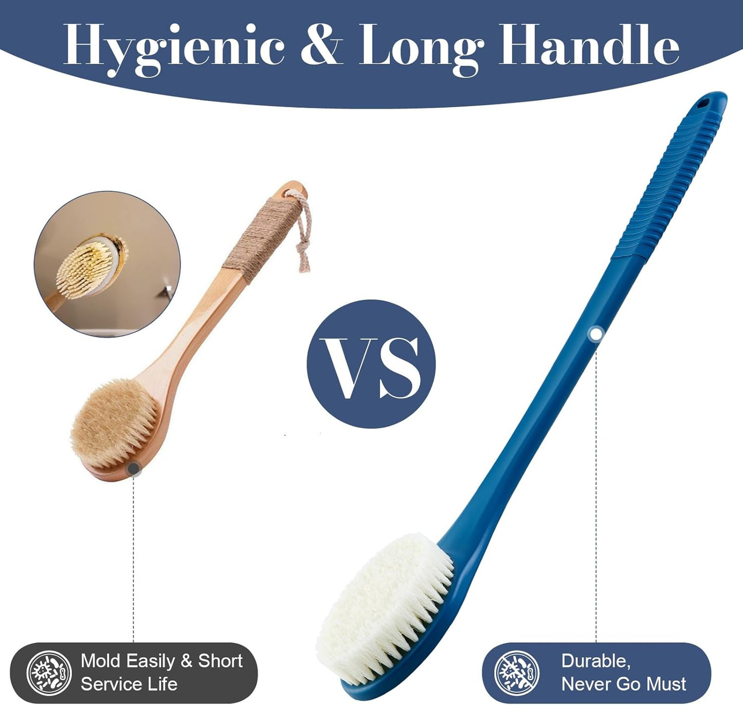 Back Scrubber for Shower, Shower Body Brush for Cleaning with Long Handle for Showering, 17 Inch Back Washer Exfoliator for Shower Men Women with Non-Slip Handle, Adhesive Hook (Navy Blue)