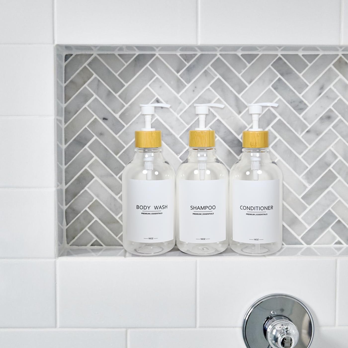 Shower Shampoo and Conditioner Bottles, Apothecary Dispenser Bamboo Pump, Refillable Bottles for Lotion Oil Hand Soap and Dish Soap, Plastic Set (3 Bottles 9 Labels) (6, Clear)