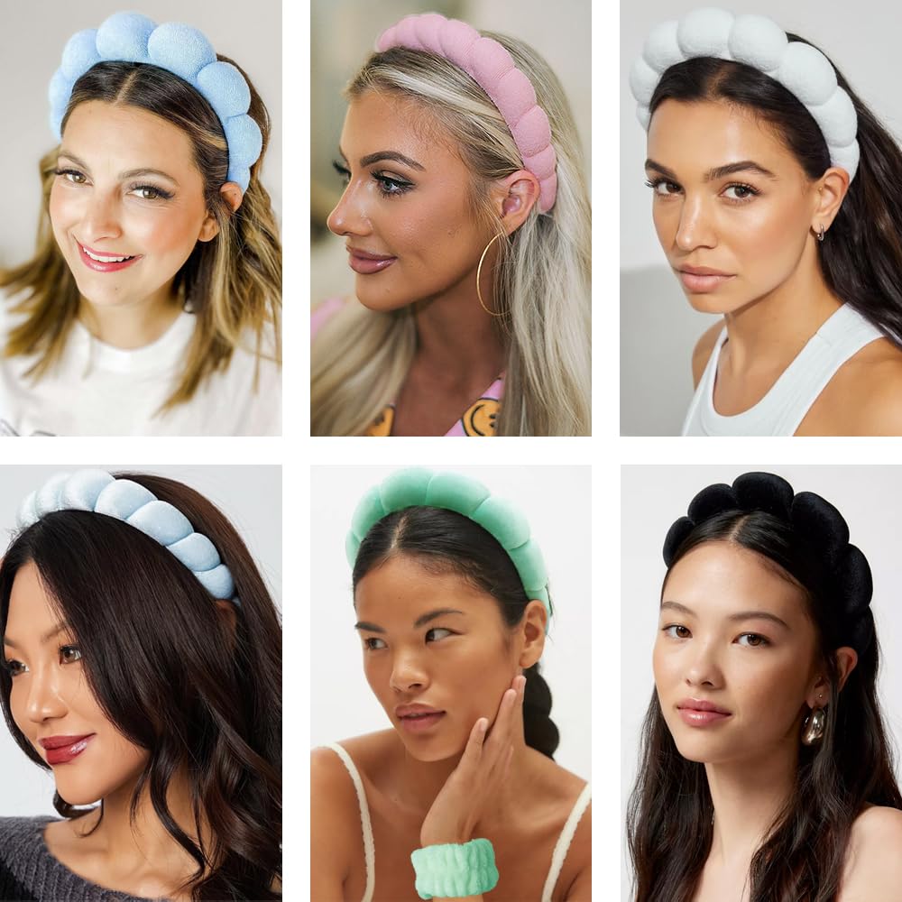 Spa Headbands for Washing Face Wristband Set Sponge Makeup Skincare Headband Wrist Towels Bubble Soft Terry Towel Cloth Hairband for Women Puffy Headwear Non Slip Thick Thin Hair Headwear (Light pink)