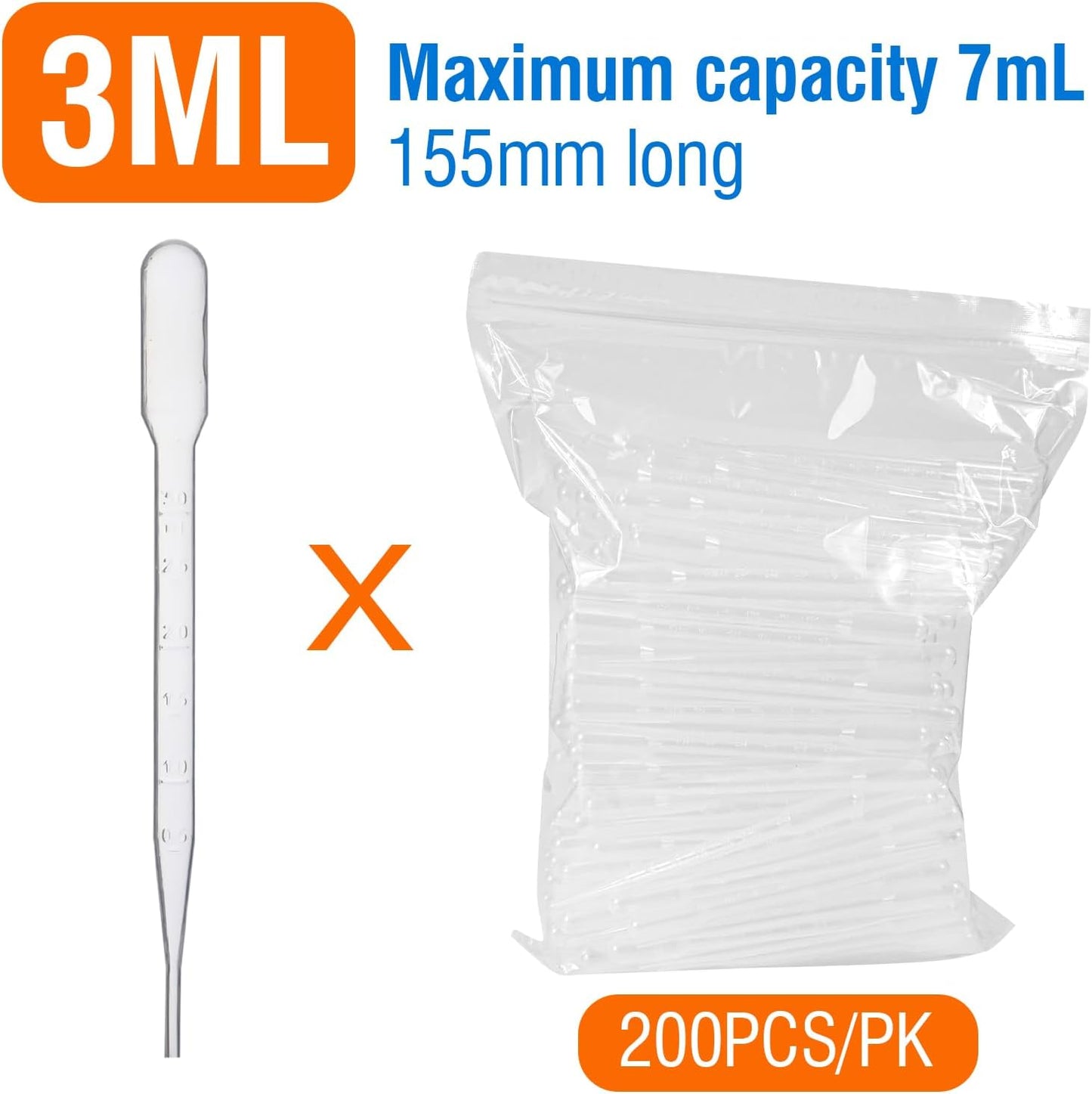 PEKYBIO Disposable Transfer Pipettes Dropper 3ml Plastic Pasteur Pipette Calibrated Lab Pipettes, Low Density Polyethylene (LDPE), Pack of 200