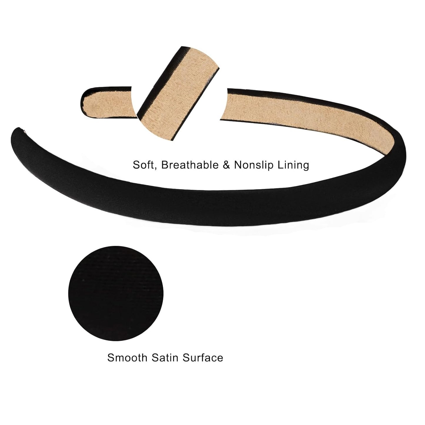 Wecoe Black Narrow Satin Headbands, 10pcs Non Slip Fashion Hair Bands for Women & Girls' Hair - Holiday & DIY Costume Accessories