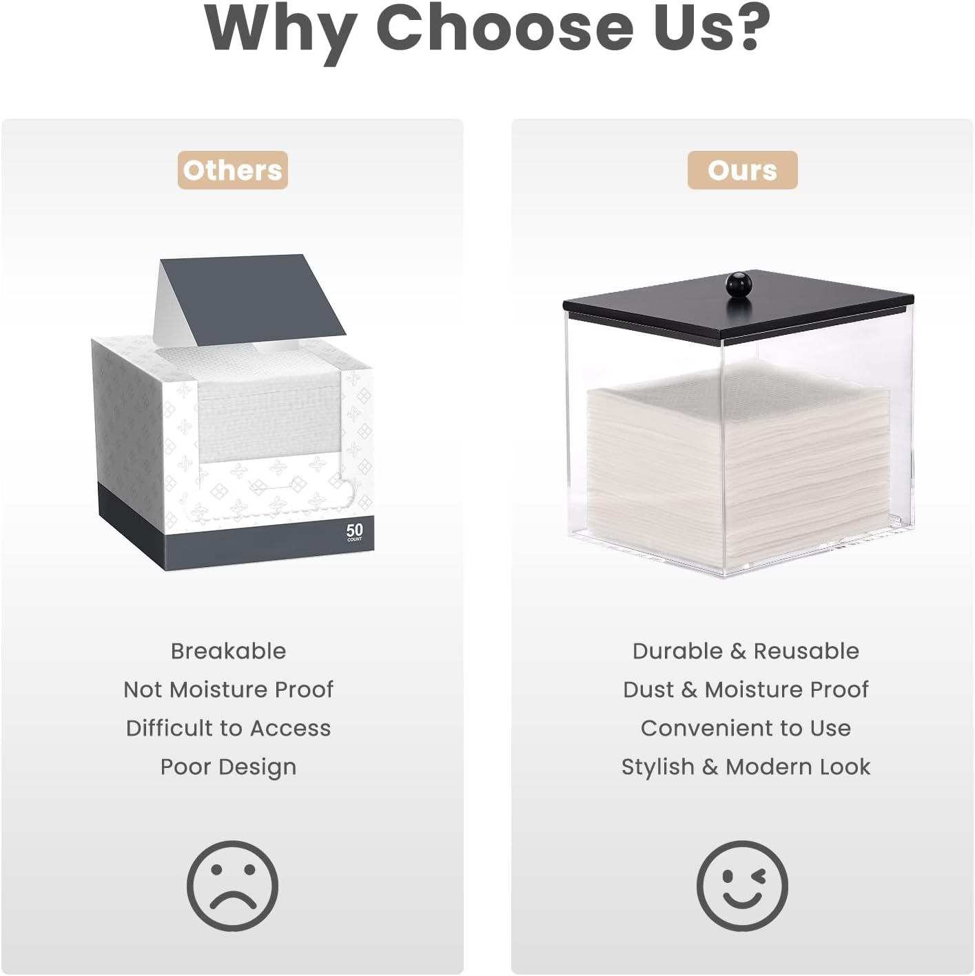 Puricon Acrylic Disposable Facial Towels Holder, Clear Storage Bin with Wood Lid Compatible with Clean Skin Club Towel (NOT Included), Face Towelettes Container for Bathroom Counter -Black