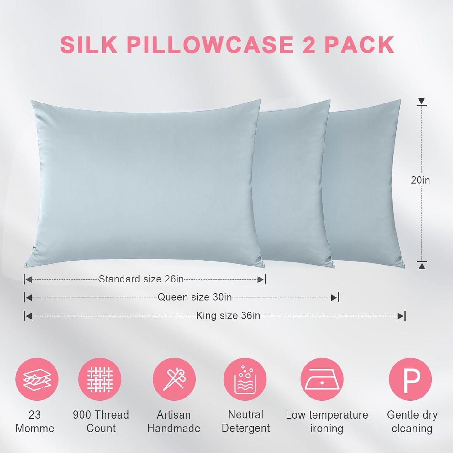 100% Silk Pillowcase 2 Pack for Hair and Skin, Both Sides 23 Momme Grade 6A+ Mulberry Silk Pillowcases with Hidden Zipper, Soft&Smooth Cooling Pillow Cases (Ash Blue, King 20×36)