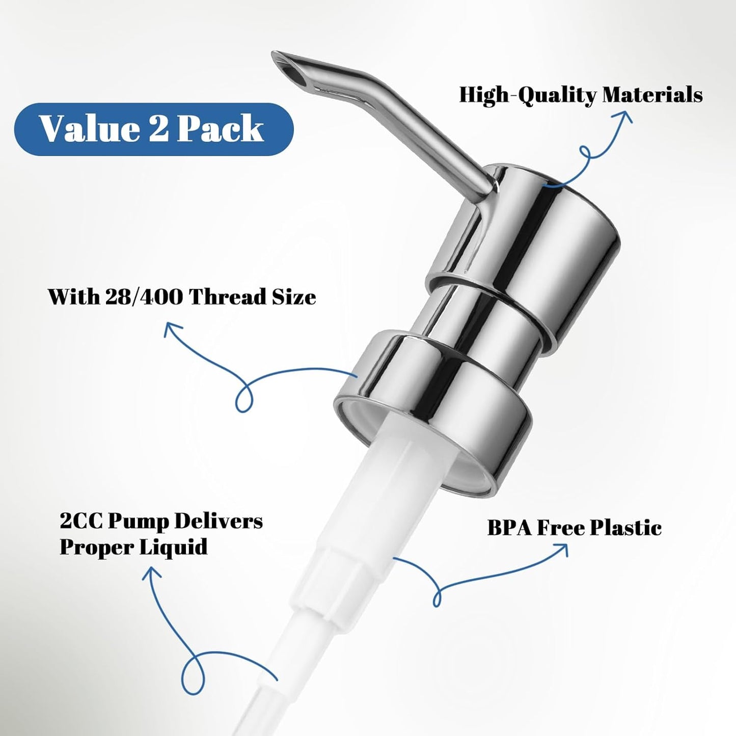 Soap Dispenser Pump Replacement for Standard 28/400 Thread Size Refill Dispenser Pump Head for Lotion Dish Soap Kitchen Bathroom Countertops,2 Pack(Silver)