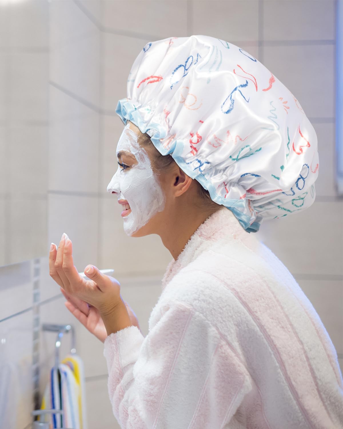 Aquior Shower Caps, Reusable Shower Cap for Women, Double Layer Waterproof Hair Cap, Large Size for All Hair Lengths Non-fading Bathing Shower for Ladies