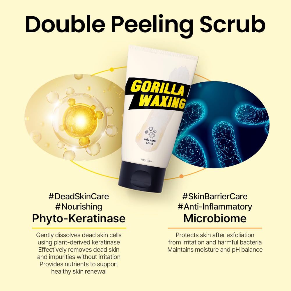 Gorilla Waxing Jelly Sugar Scrub – Exfoliating & Moisturizing Body Polish with Natural Ingredients, Dual Sugar Crystals for Smooth Skin, Prevents Ingrown Hair & Razor Bumps, Korean Skin Care - 7.05 oz