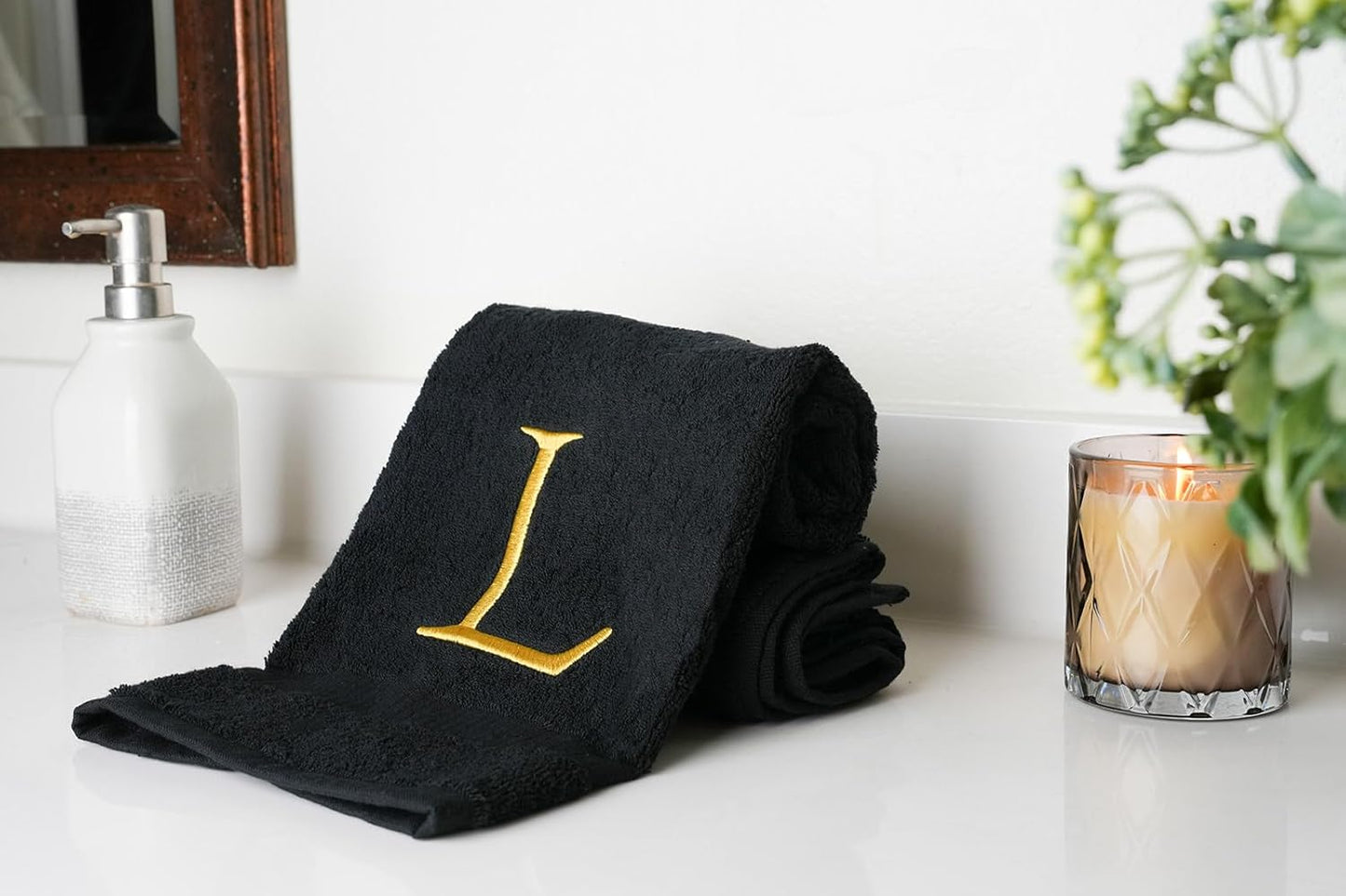 Black and Gold Bathroom Hand Towel - Monogrammed Luxury Hotel Quality Decorative Embroidered Towel for Powder Room, Spa - GOTS Organic Certified - Pack of 2, Letter L