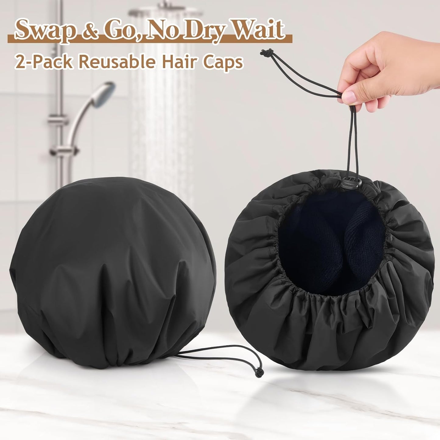 2 Pcs 13.5" Dual Waterproof Adjustable Terry Lined Shower Cap for Women Men, Large Shower Caps Reusable EVA Double Layer Bath Cap for Braids, Long Hair, Dreadlocks, Locs