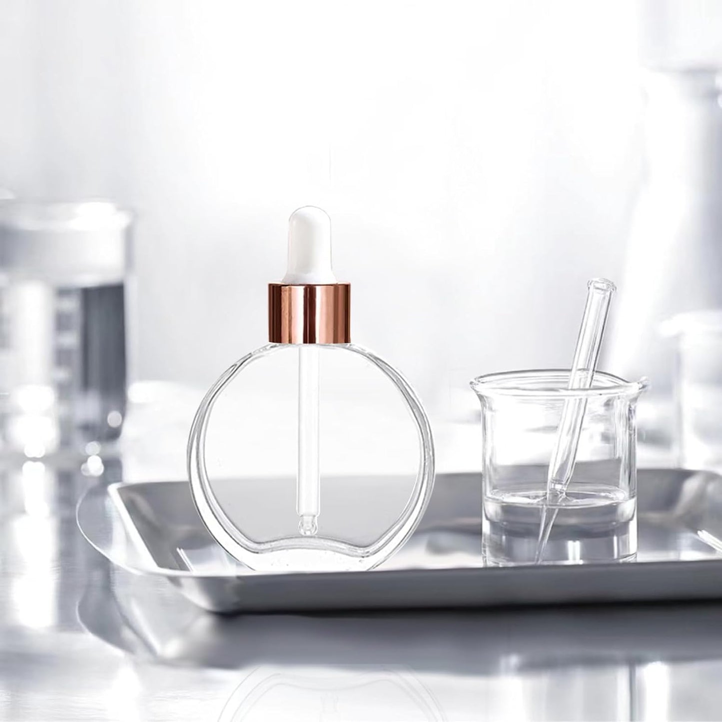 6Pcs,2 oz Glass Dropper Bottles for Essential Oils,60ml Clear flat round perfume bottle with Droppers,for Oils, Perfumes, Serums,Leakproof for Travel (Clear/Rose Gold)