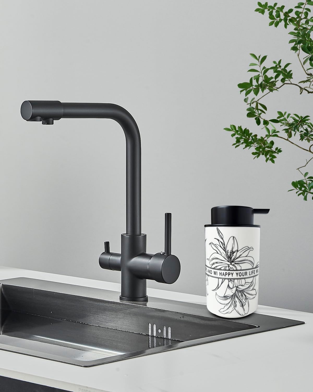 Ceramic White Foam Soap Dispenser for Bathroom & Kitchen,Lily Pattern Hand Sanitizer Bottle,Chic Home Deco (Foam)