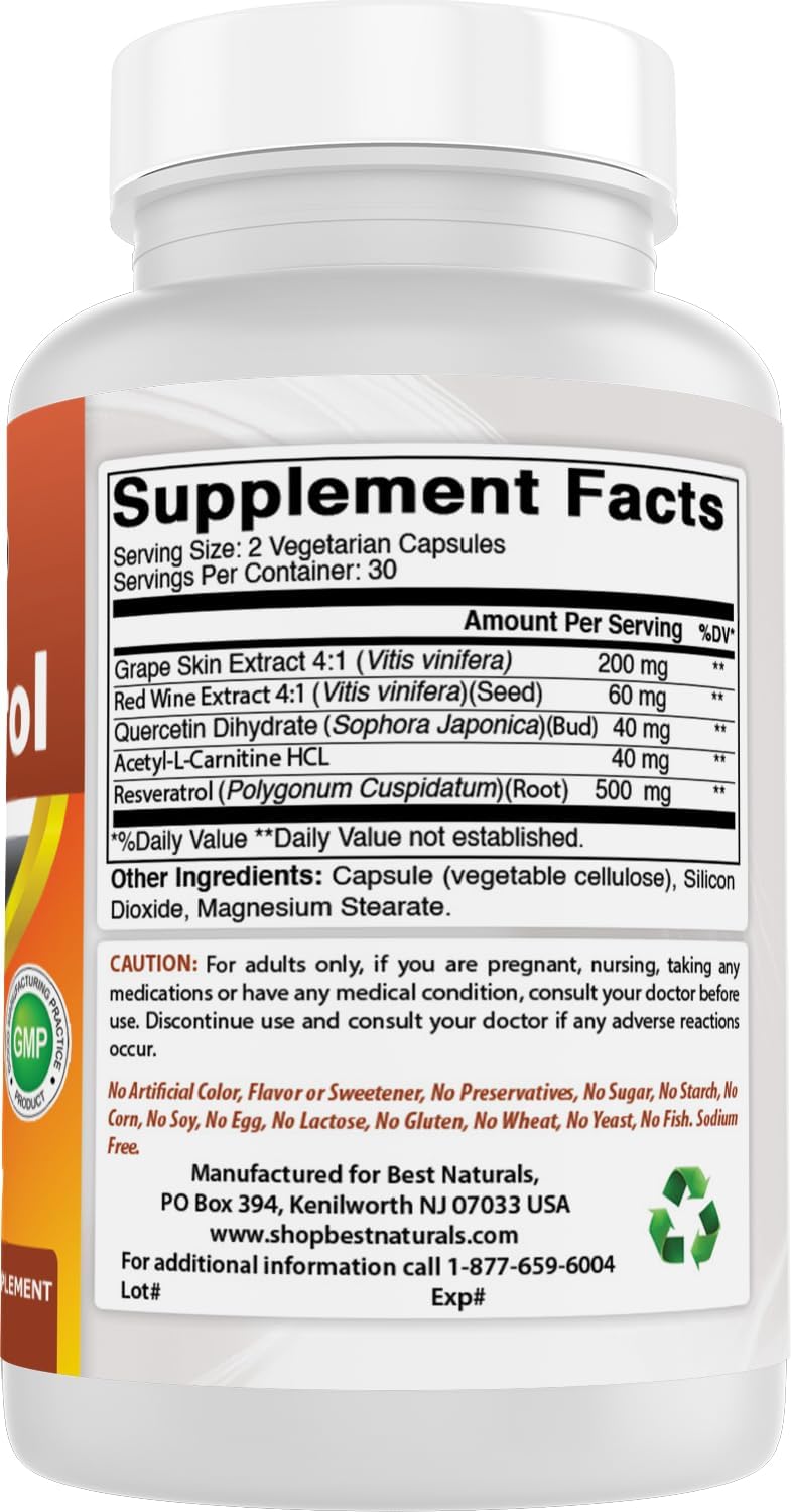Best Naturals 2 Packs Resveratrol Complex 500 mg 60 Veg Capsules Made with Grape Skin, Red Wine, Quercetin - Gluten Free & Non GMO - (Total 120 Capsules)