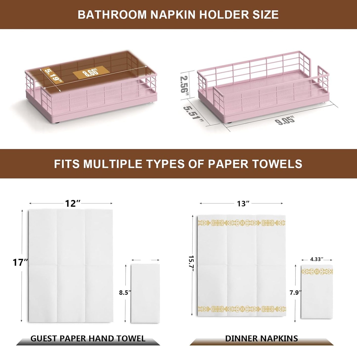 Wican Guest Towel Holder Tray for Bathroom, Oak and Iron Napkins Holder for Powder Room Dinning Table Wooden Basket for Disposable Paper Hand Towels Totally Pink