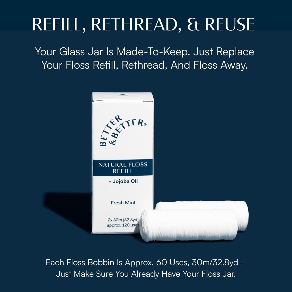 Better & Better Natural Floss in Refillable Glass Jar | Waxed & Zero Plastic Oral Care - 100% Plant-Based, Vegan, Eco and Non Toxic Dental Floss, 1 Spool