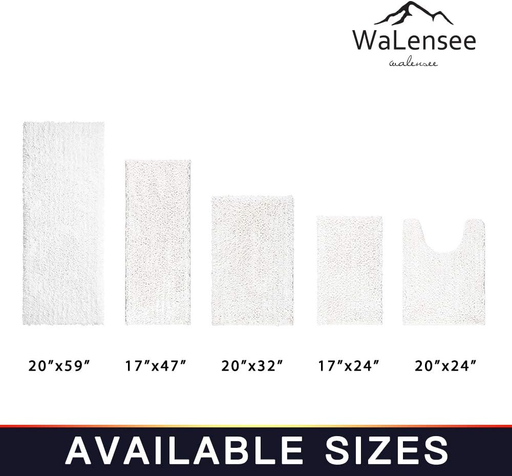 Walensee Bathroom Rug 2 Pieces Set Non Slip Bath Mat (20"x32" Plus 20"x24" U White) Water Absorbent Super Soft Shaggy Chenille Machine Washable Dry Extra Thick Perfect Carpet for Shower Floor