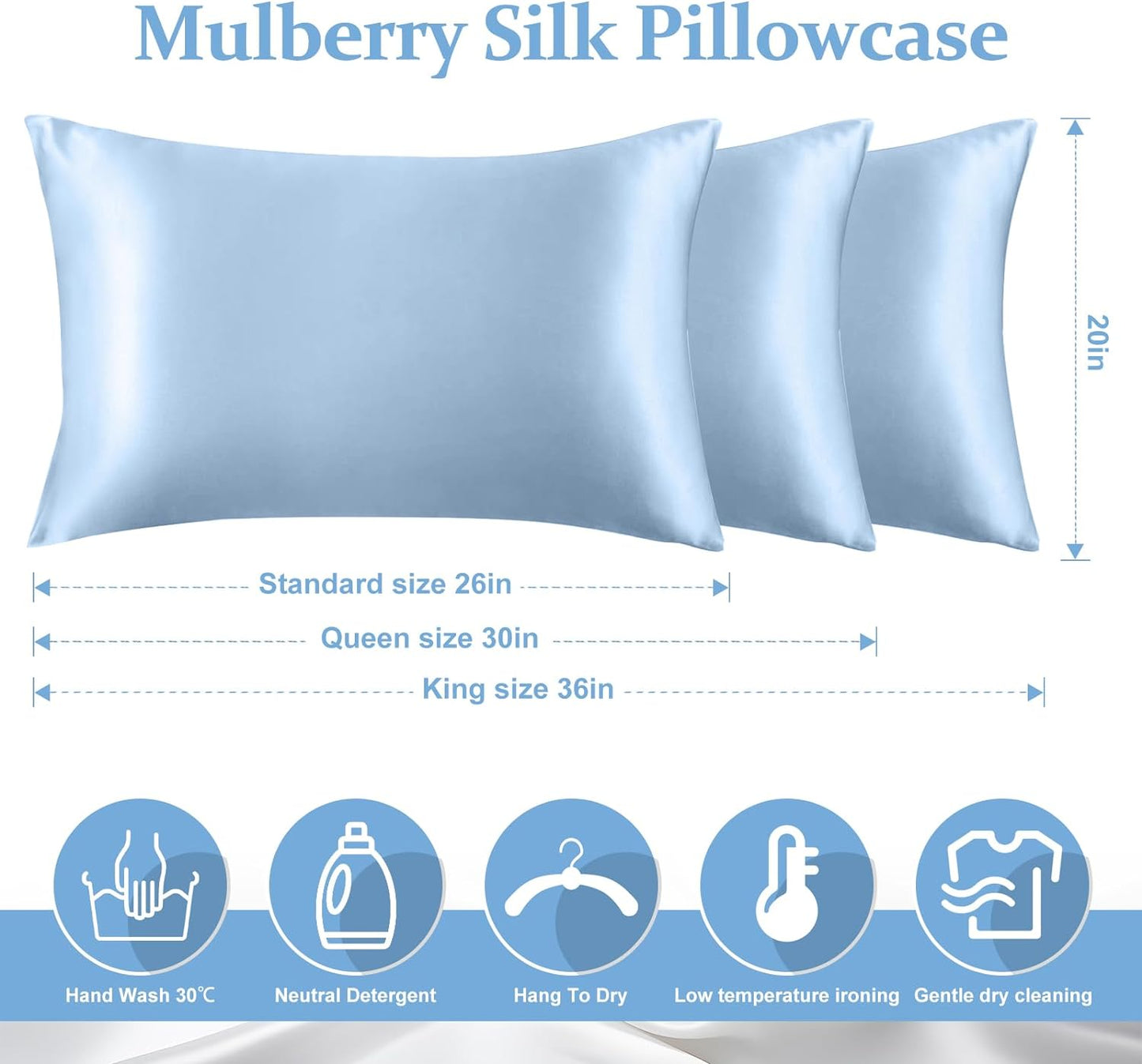 2 Pack 100% Pure Silk Pillowcase for Hair and Skin, Both Sides Mulberry Silk Pillowcases with Hidden Zipper, Cooling Pillowcase 19 Momme, 600 Thread Silk Pillow Cases Queen Size, Light Blue