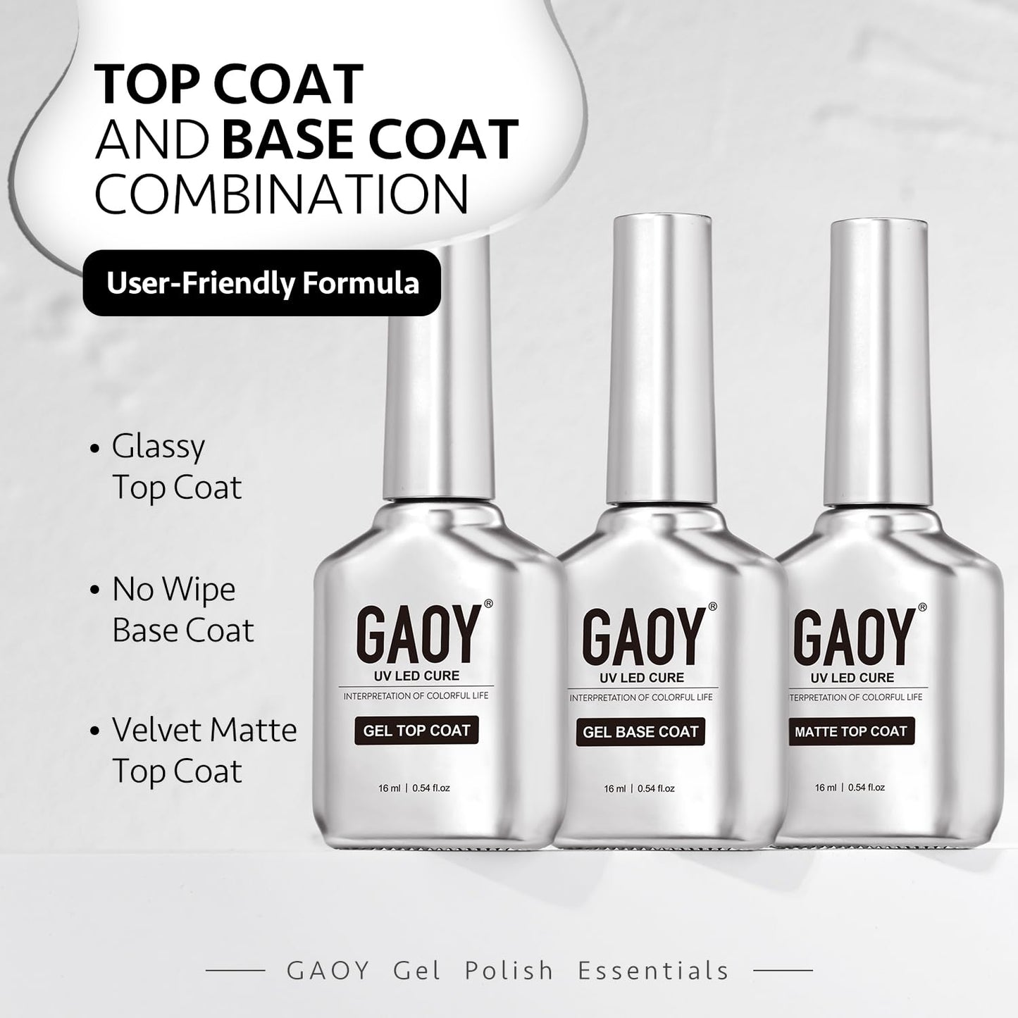GAOY Gel Top Coat, Matte Top and Base Coat Set, 3 Pcs 16ml Glossy Matte No Wipe Combination for UV Light Cure Gel Nail Polish