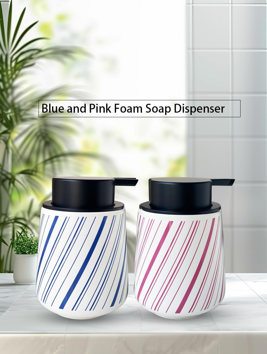 Chic Soap Dispenser Bathroom Ceramic Hand Foam Soap Dispenser for Bathroom Deco 12ounce Refillable Liquid Dispenser for Kitchen (Blue)