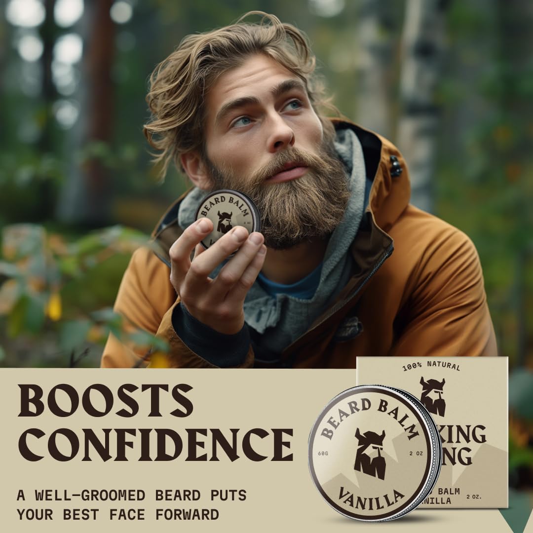 Striking Viking Beard Balm for Men - 2 oz, Vanilla Scent - Light Hold Moisturizer That Softens & Nourishes Coarse Facial Hair with Shea Butter & Tea Tree Oil