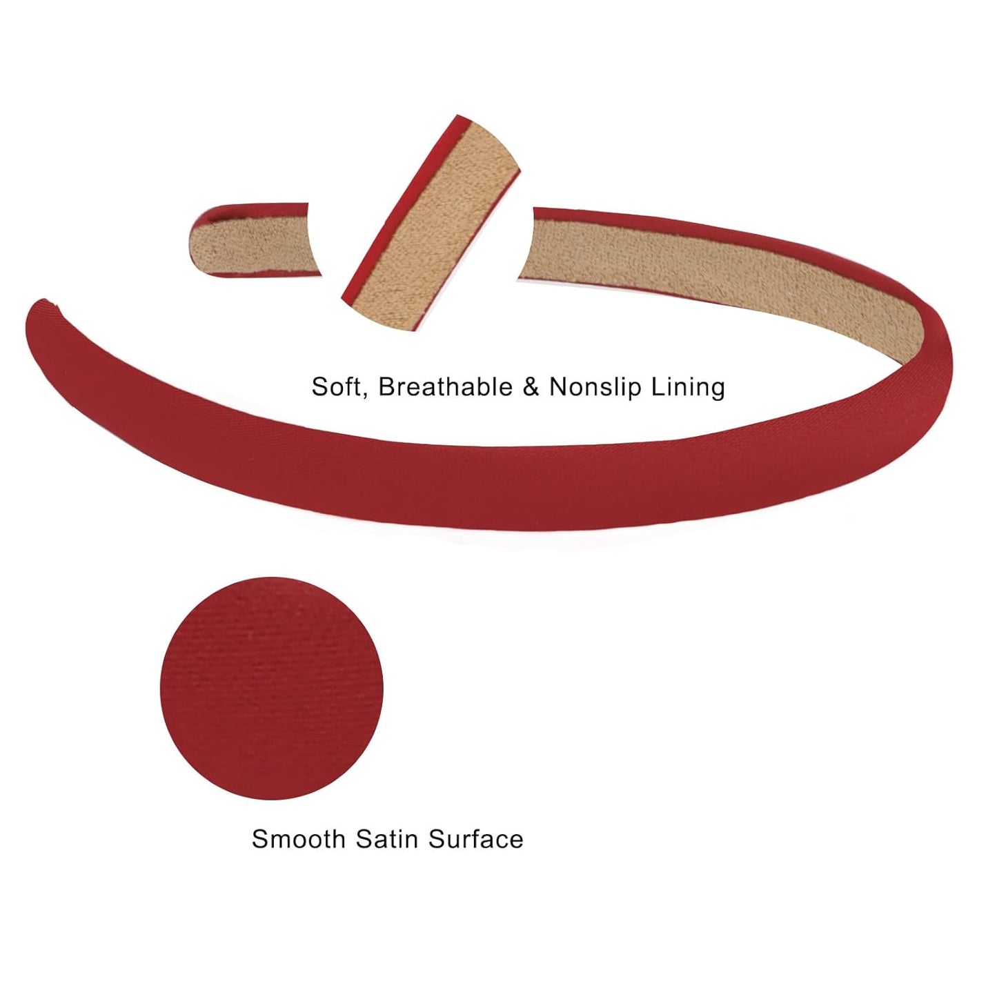 Wecoe Red Narrow Satin Headbands, 10pcs Non Slip Fashion Hair Bands for Women & Girls' Hair - Holiday & DIY Costume Accessories