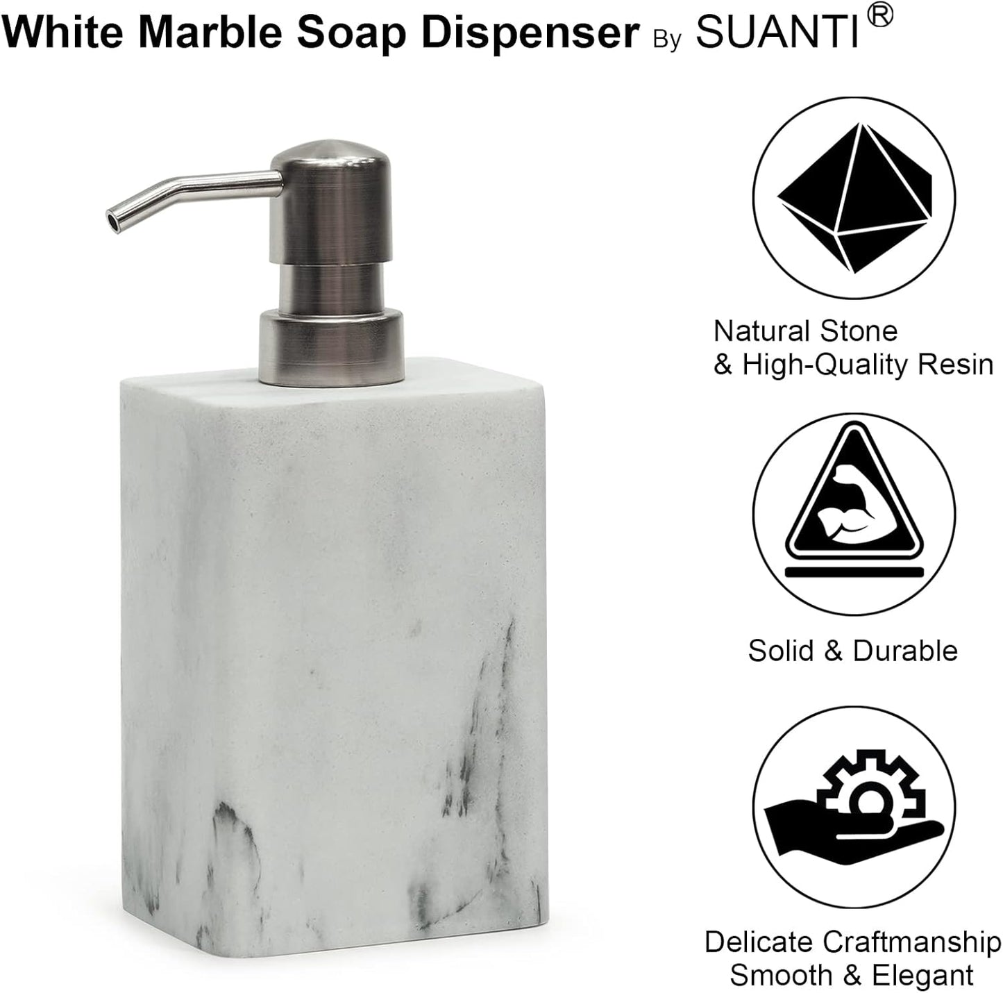 15Oz Marble Style Resin Soap Dispenser,Suanti Hand Soap Dispenser for Bathroom and Kitchen Sink,Decorative White Soap Dispenser Bottle with Easy-Press Pump for Liquid Dish Soap,Lotion-Refillable