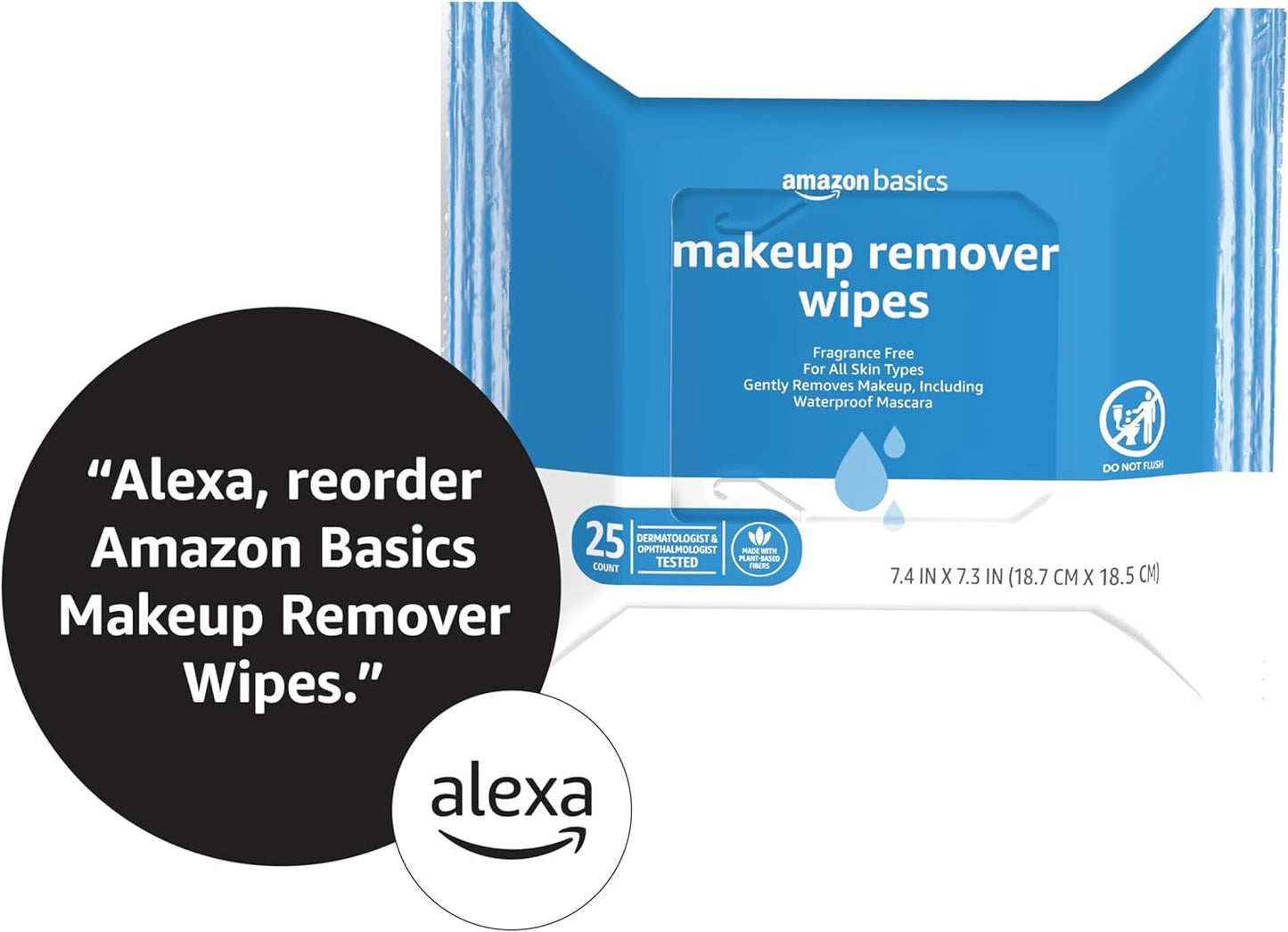 Amazon Basics Makeup Remover Wipes, Gentle Cleansing, Dermatologist Tested, Fragrance Free, Plant Based, Alcohol Free, Removes Waterproof Mascara, 25 Count Per Pack, Pack of 1 (Previously Solimo)