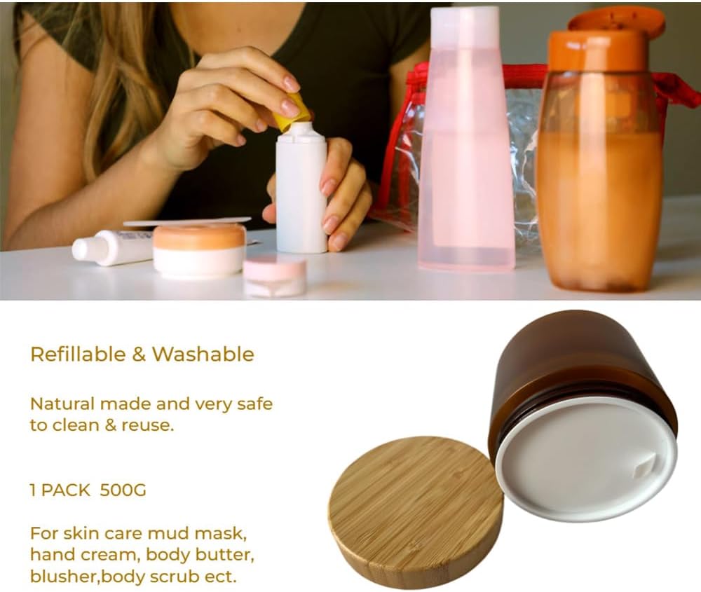 Empty Bamboo Lid Jar 16oz/500g,Refilable Plastic Round Cosmetic Containers for Powder,Body Butter,Cream,Lotion,Wide Mouth Makeup Sample Storage Pot Dispenser(Brown Color)