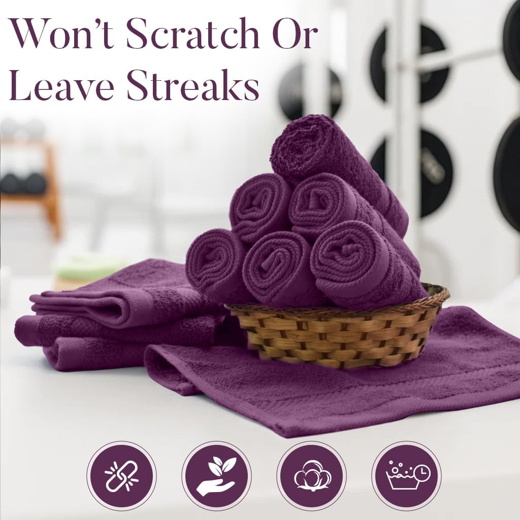 DAN RIVER 12-Pack Premium 100% Cotton Purple Passion Face Towels – Reusable Face Towel Set, Soft & Absorbent Rags for Bathroom & Body – Hand and Face Towels, 550 GSM (12x12 in)