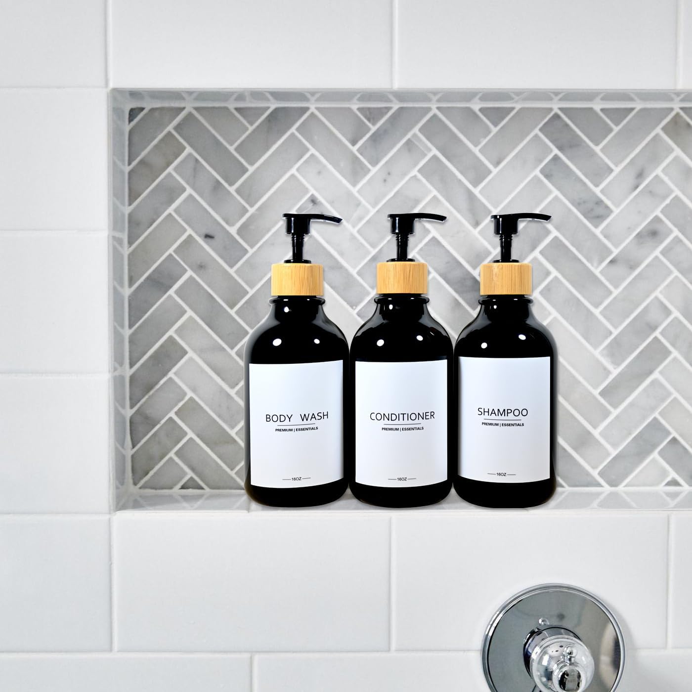Shower Shampoo and Conditioner Bottles, Apothecary Dispenser Bamboo Pump, Refillable Bottles for Lotion Oil Hand Soap and Dish Soap, Plastic Set (3 Bottles 9 Labels) (3, Black)