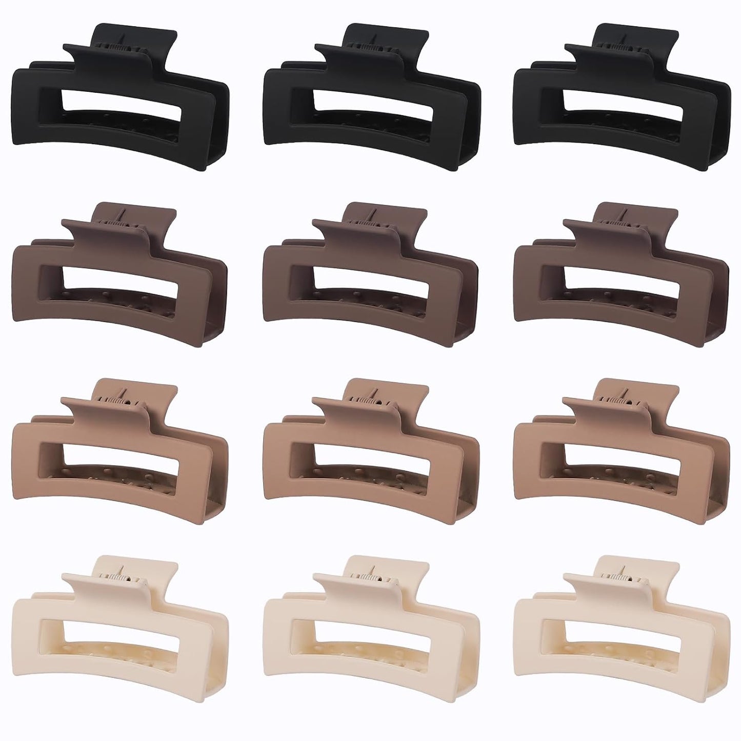 Hair Claw Clips, 3.5 Inch Medium Square Jaw Clips 12 Pcs for Thick and Thin Hair - Matte Black, Dark Brown, Light Brown, Bulk Hair Accessories