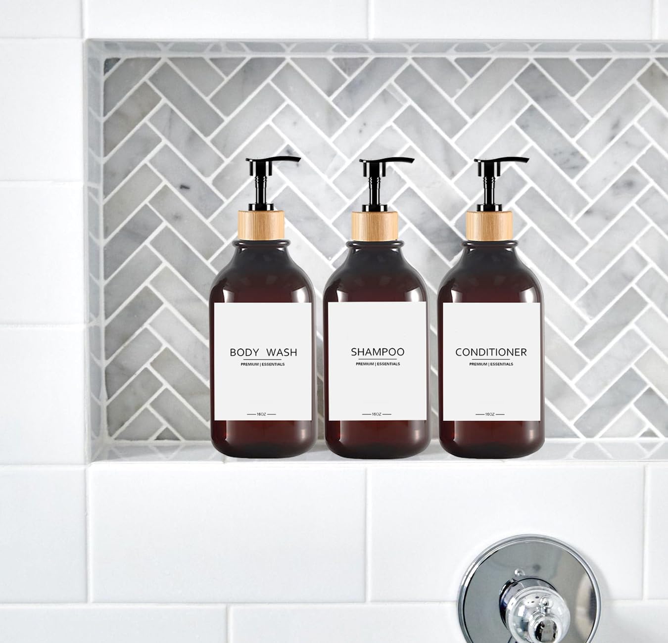 Shower Shampoo and Conditioner Bottles, Apothecary Dispenser Bamboo Pump, Refillable Bottles for Lotion Oil Hand Soap and Dish Soap, Plastic Set (3 Bottles 9 Labels) (6, Amber)