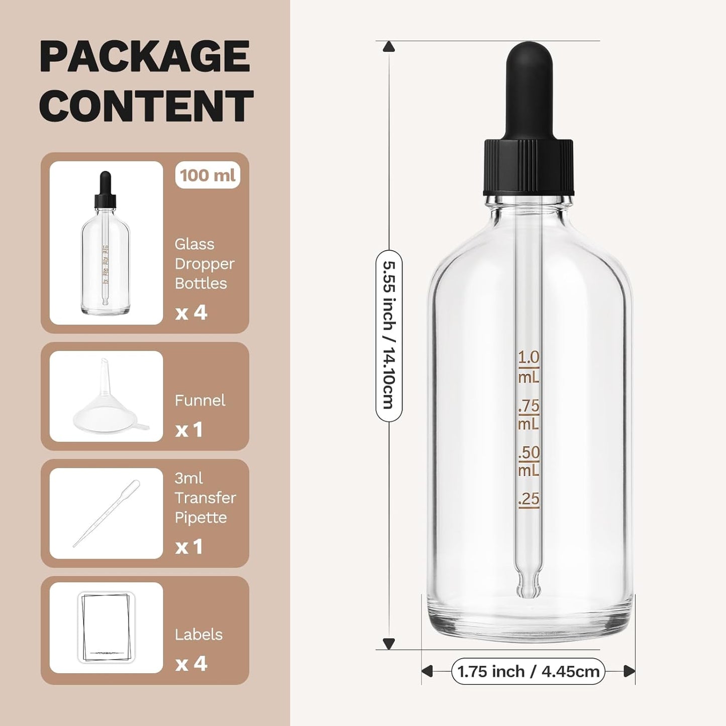 Bumobum 100ml Dropper Bottle, Clear Glass Dropper Bottle with Measured Dropper, 3.4oz Empty Eye Tincture Bottles with Funnel, Pipette & Labels for Essential Hair Oils Serums, 4 Pack