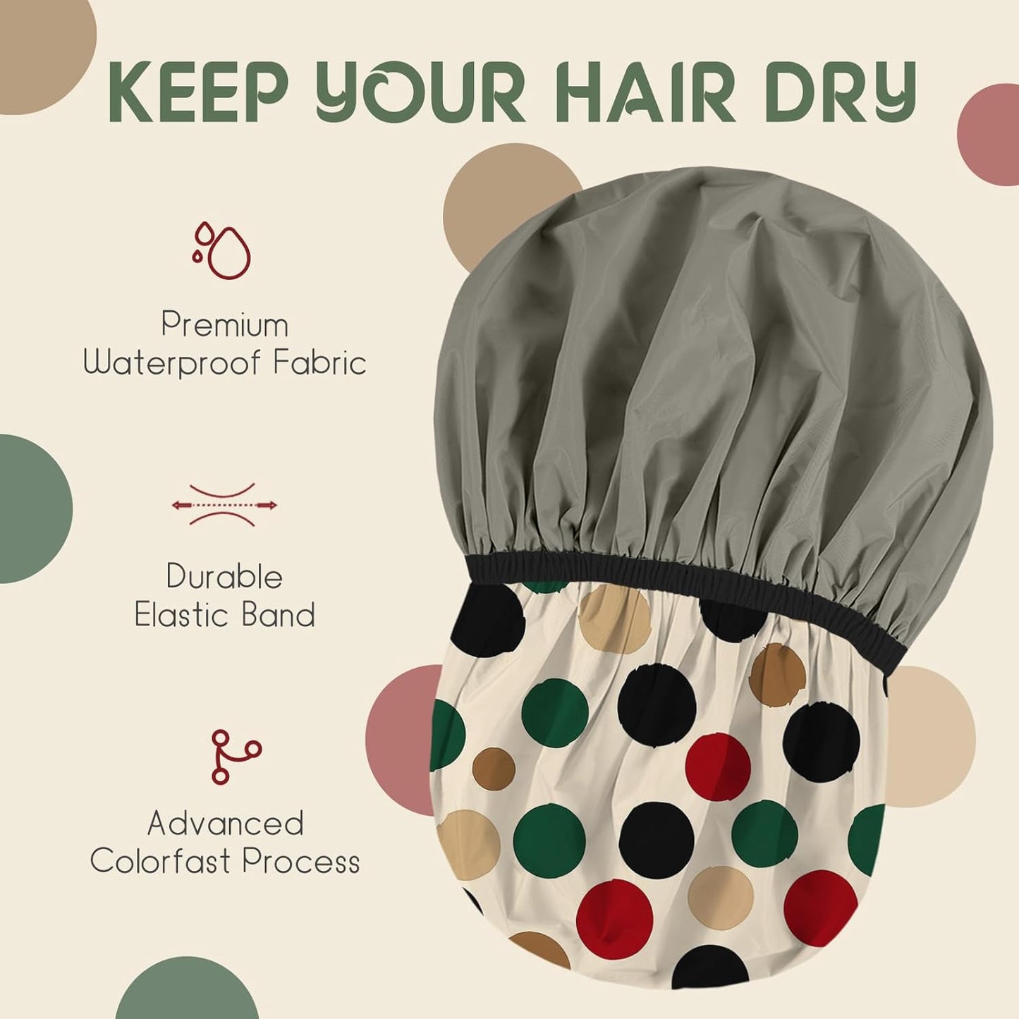 Years calm Luxury Shower Caps for Women Reusable Waterproof – Polka Dot Double Layer Bath Cap with Adjustable Elastic for Braids & Long Hair, Comfortable & Stylish, Versatile Use (Beige)