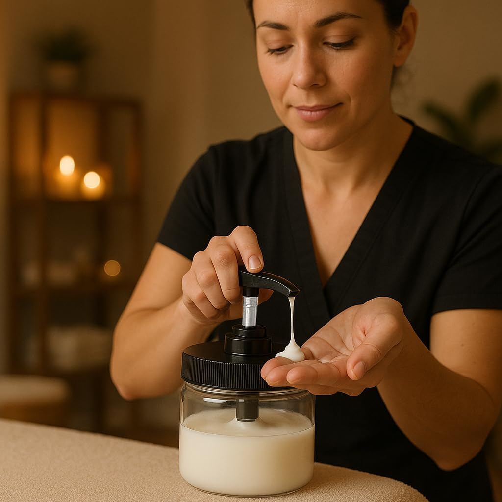 Royal Massage 16oz Refillable Pump Jar with Locking Dip Tube Dispenser – BPA-Free Plastic Container for Massage Oils, Lotions, Creams – Ribbed Lid Wide-Mouth Jar – Durable & Reusable (1, Amber/White)