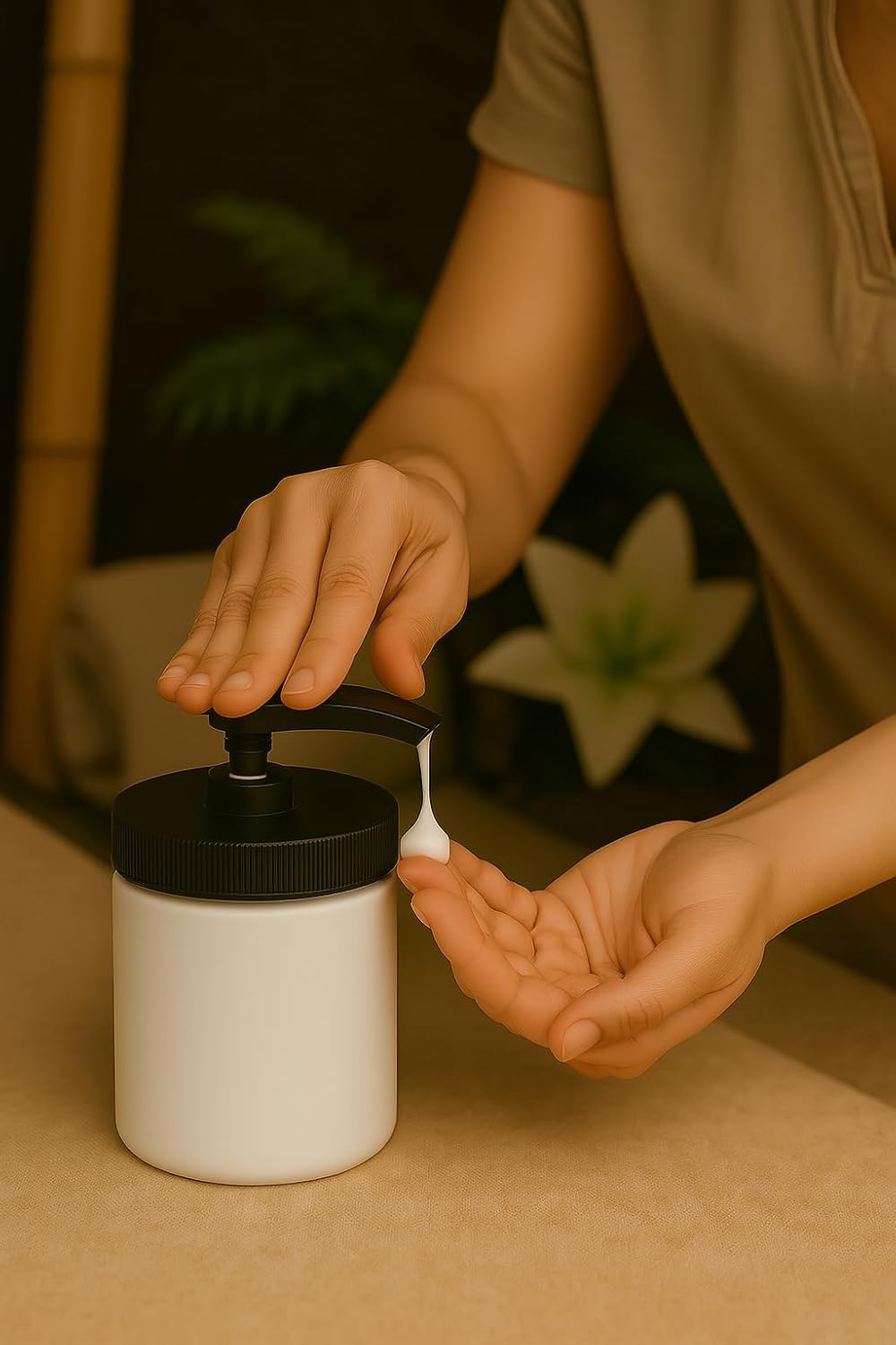 Royal Massage 16oz Refillable Pump Jar with Locking Dip Tube Dispenser – BPA-Free Plastic Container for Massage Oils, Lotions, Creams – Ribbed Lid Wide-Mouth Jar – Durable & Reusable (1, Black/White)