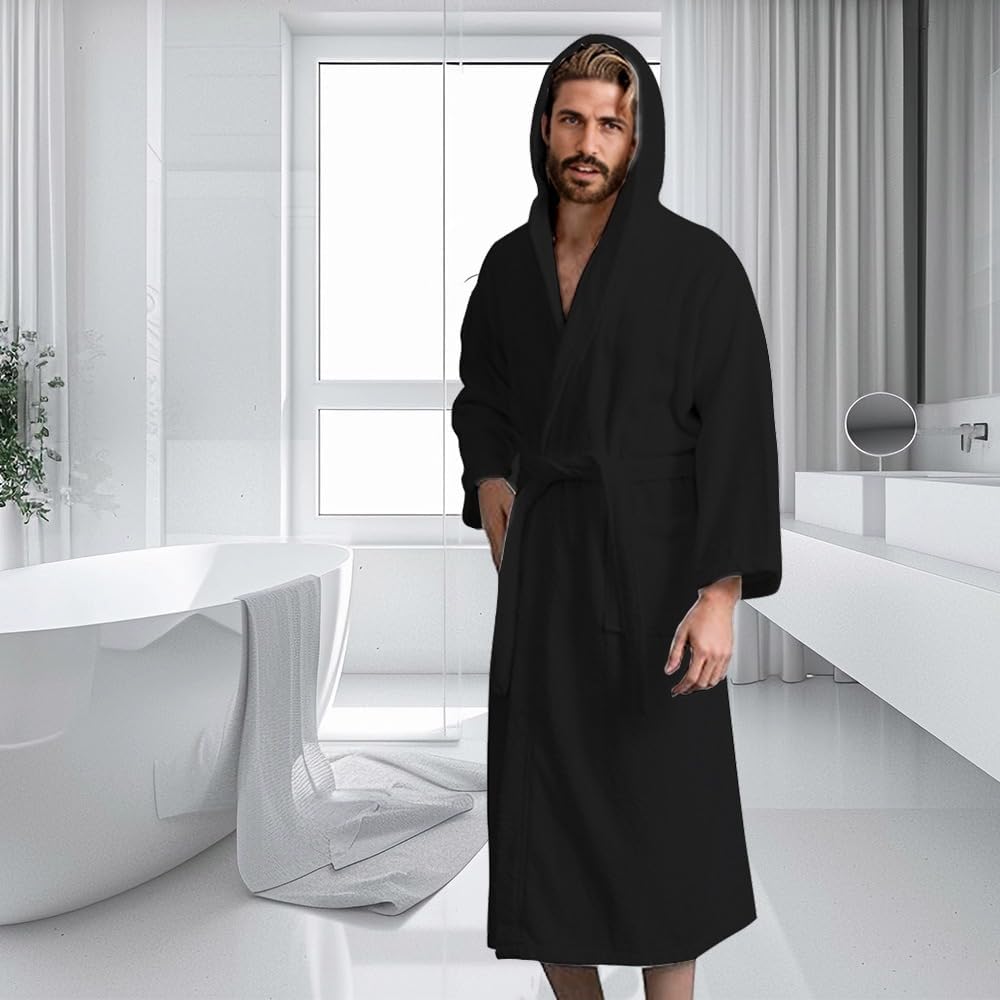 Men’s Hooded Bathrobe, 100% Cotton Terry Bathrobe, Spa Style Bath Robe, Absorbent Shower Robe, Lightweight Towel Bathrobes